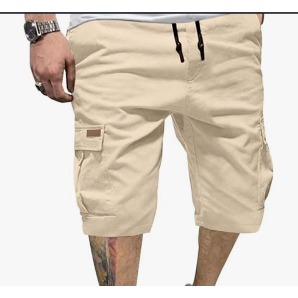 Mens Cargo Shorts Elastic Drawstring with 6 Pockets SIZE 32 Apricot